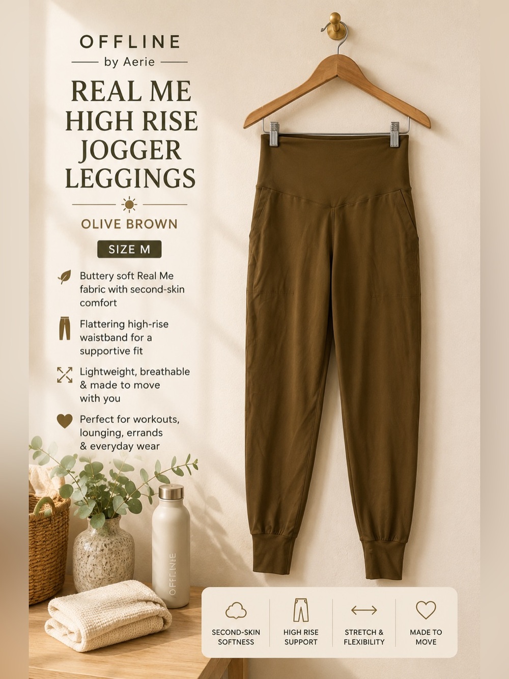 OFFLINE by Aerie Real Me High Rise Jogger Leggings Olive Brown Size M Good